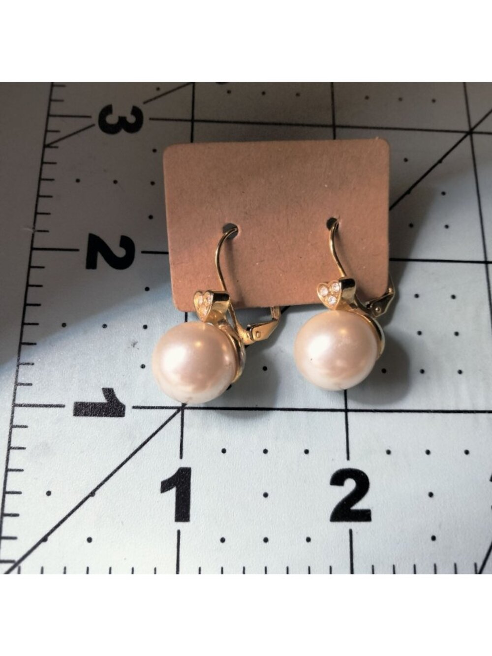 Faux Pearl Crystal Heart Drop Pierced Earrings Gold Tone Wedding Valentine - Picture 3 of 5